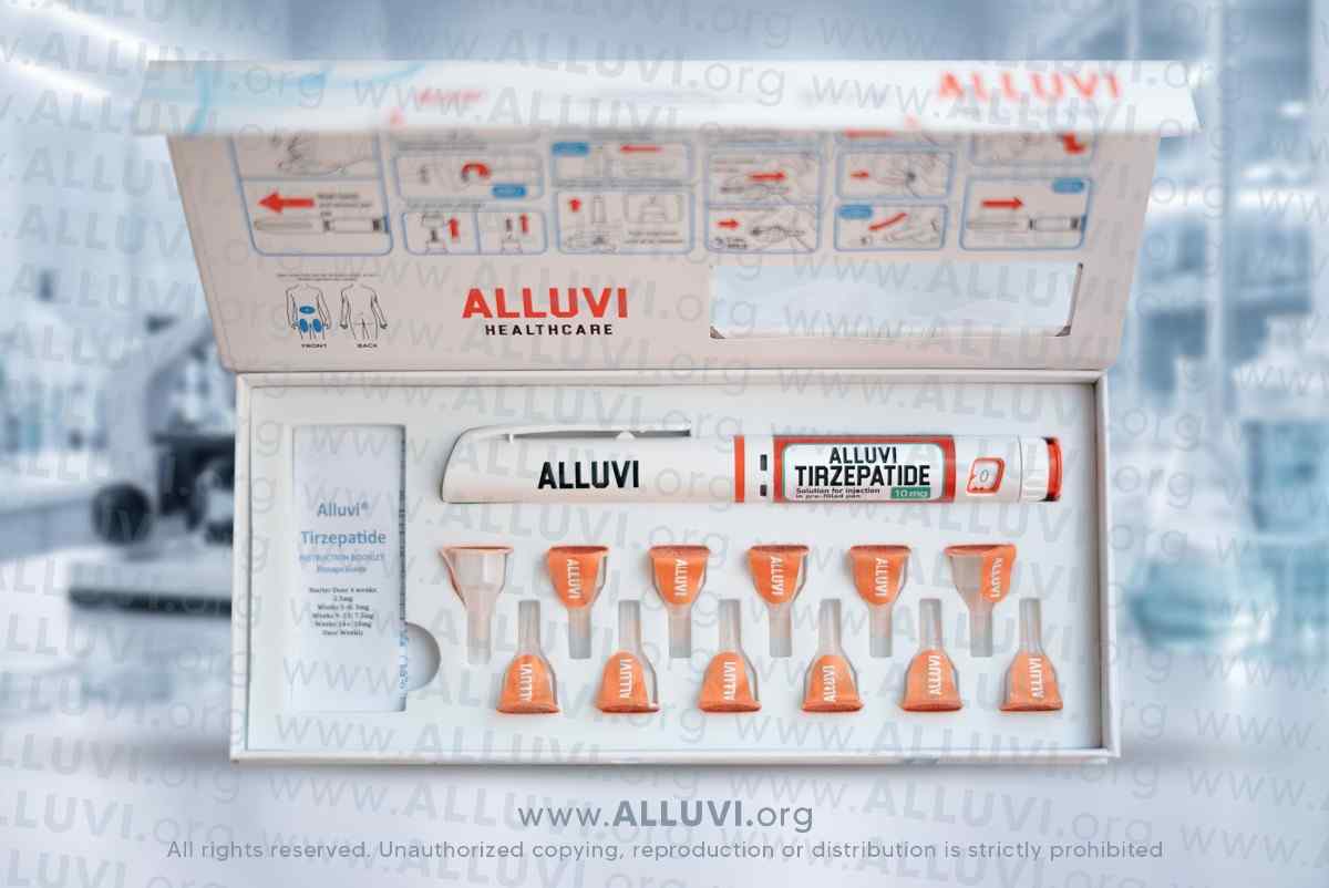 Alluvi tirzepatide pen close up UK Alluvi Healthcare weight loss peptide